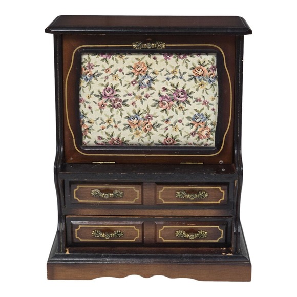 Vtg Toyo Japan 2 Drawer Mirrored Tapestry Jewelry Music Box Que Sera Sera Jewelry Organizers